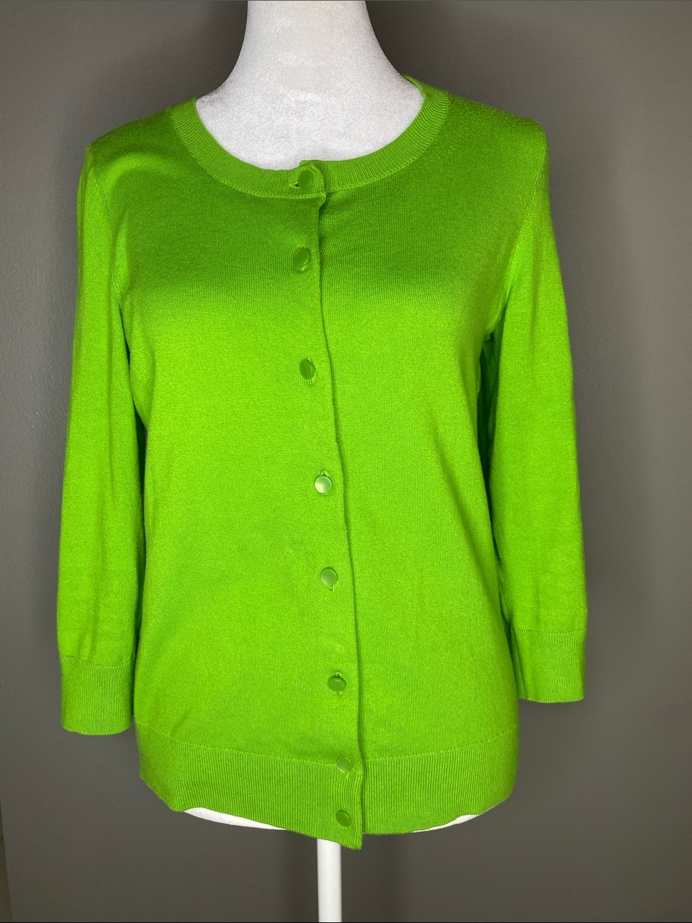 Talbots Apple Green Pima Cotton Crewneck 3/4 Sleeve Button Cardigan Sweater - S